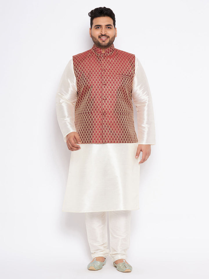 Men's Plus Size Maroon Silk Blend Jacket And Cream Kurta Pant Set