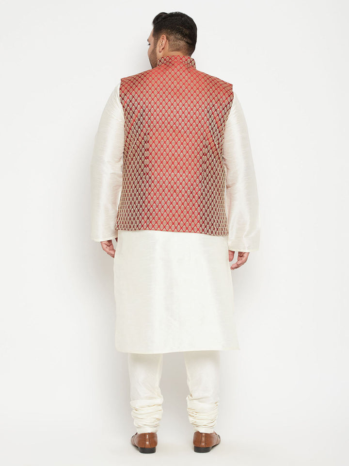 Men's Plus Size Cream And Maroon Silk Blend Jacket Kurta Pyjama Set