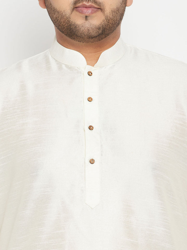 Men's Plus Size Cream And Maroon Silk Blend Jacket Kurta Pyjama Set