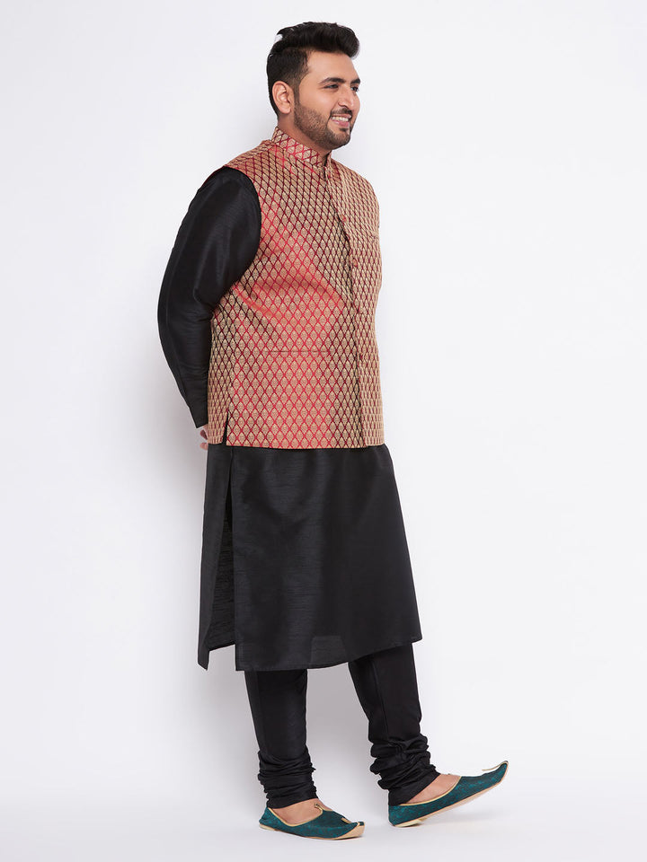 Men's Plus Size Maroon Woven Nehru Jacket With Black Kurta And Pyjama Set