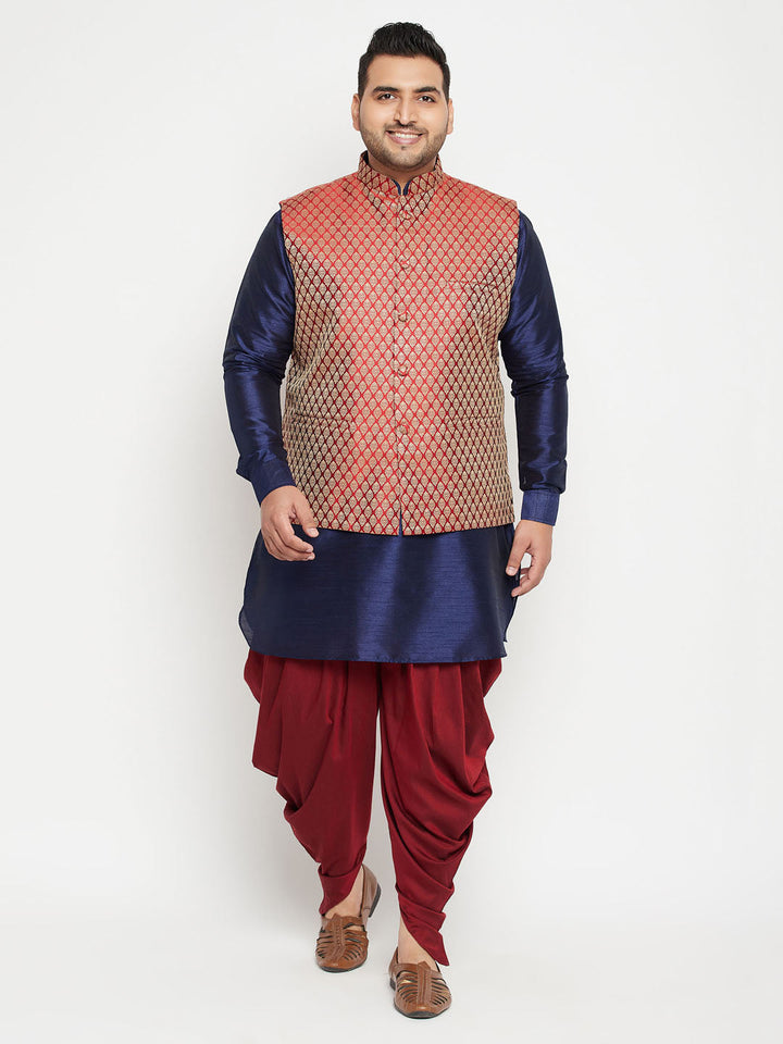 Men's Plus Size Navy Blue And Maroon Silk Blend Jacket Kurta Dhoti Pant Set