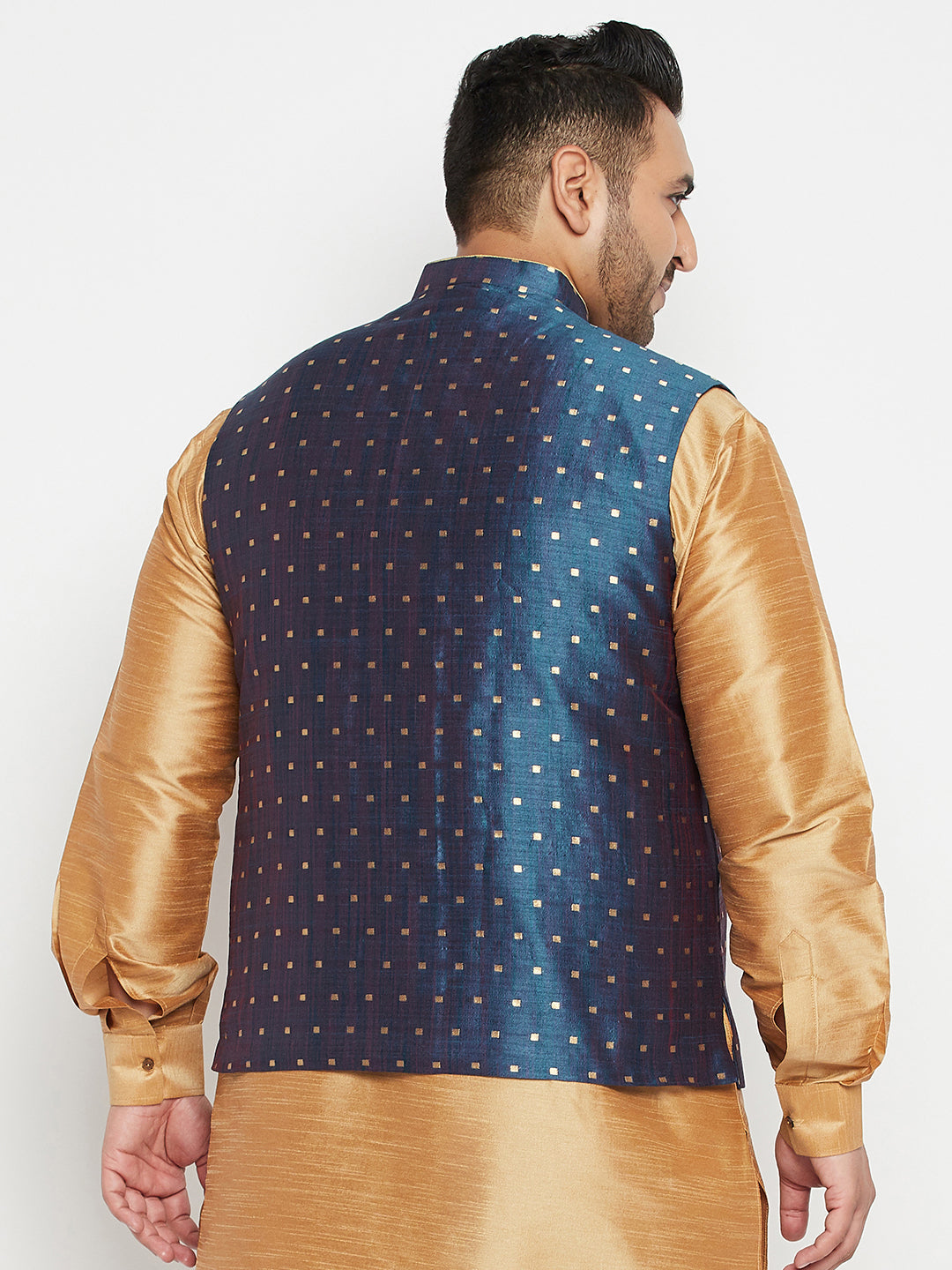Men's Plus Size Blue Zari Weaved Nehru Jacket