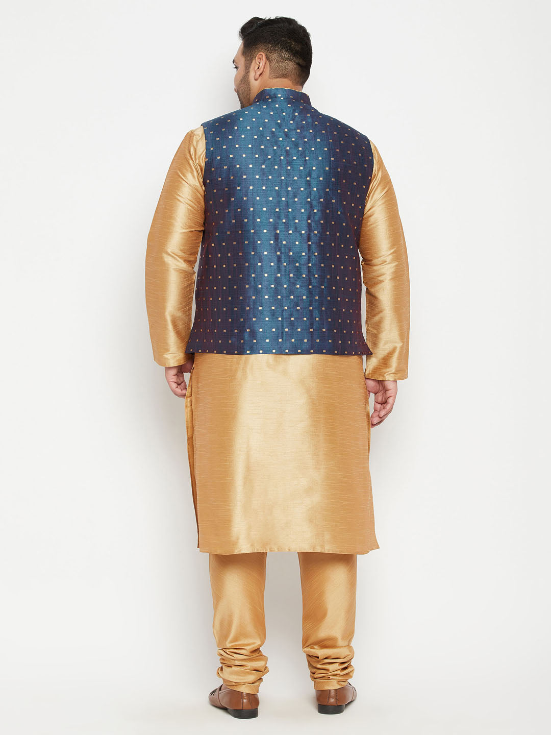 Men's Plus Size Blue Zari Weaved Nehru Jacket With Kurta Pyjama Set
