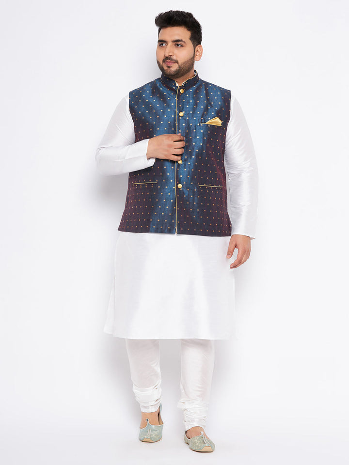 Men's Plus Size Blue Zari Weaved Nehru Jacket With Kurta Pyjama Set