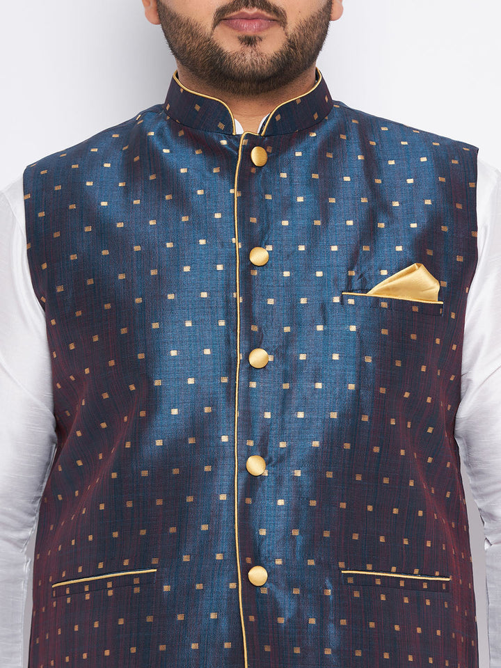 Men's Plus Size Blue Zari Weaved Nehru Jacket With Kurta Pyjama Set