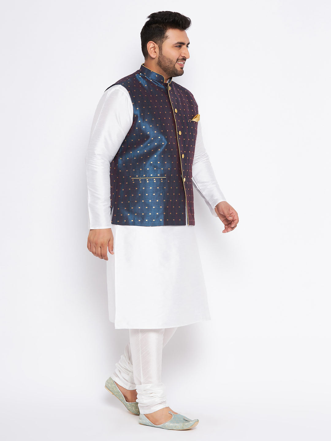 Men's Plus Size Blue Zari Weaved Nehru Jacket With Kurta Pyjama Set