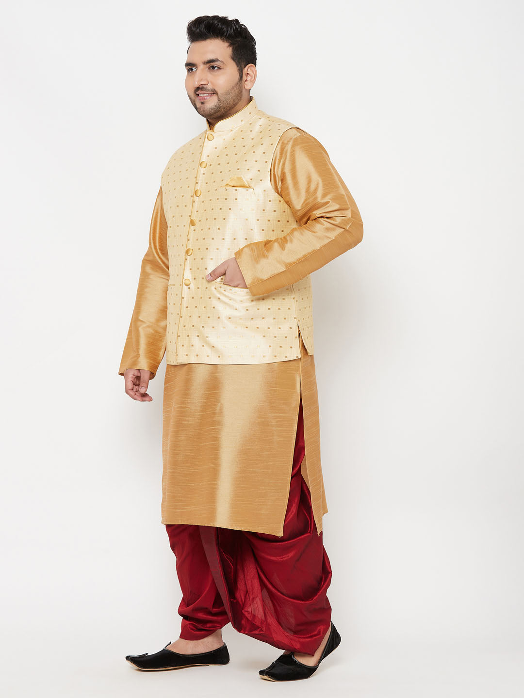 Plus Men's Gold Zari Weaved Nehru Jacket With Kurta Dhoti Set