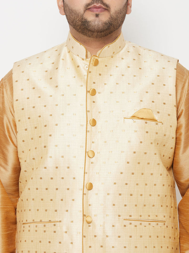 Plus Men's Gold Zari Weaved Nehru Jacket With Kurta Dhoti Set