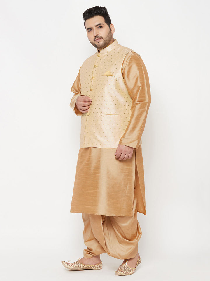 Plus Men's Gold Zari Weaved Nehru Jacket With Kurta Dhoti Set