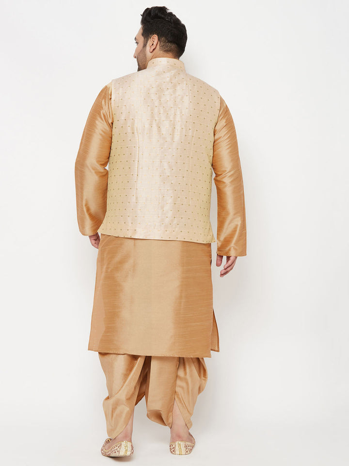 Plus Men's Gold Zari Weaved Nehru Jacket With Kurta Dhoti Set