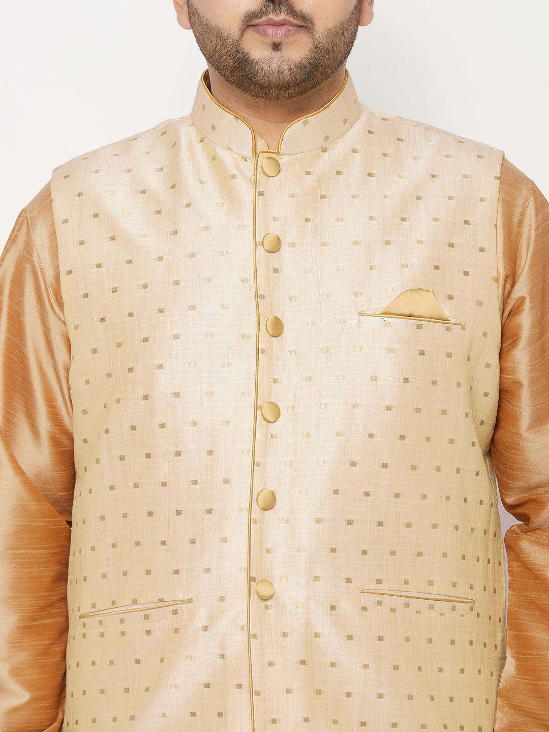 Plus Men's Gold Zari Weaved Nehru Jacket With Kurta Dhoti Set
