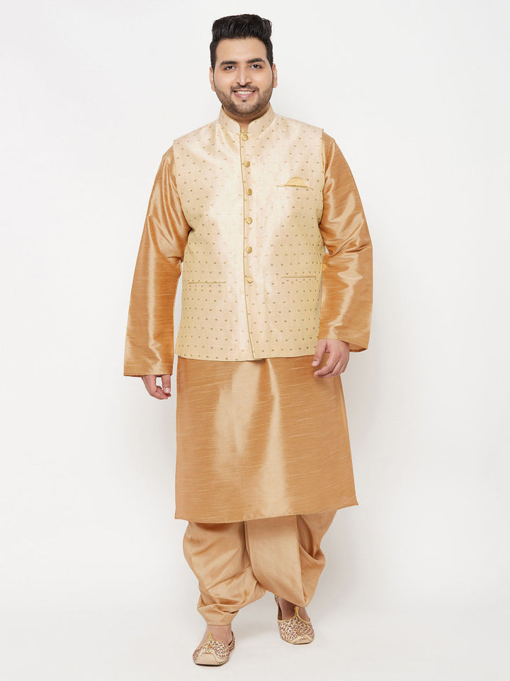 Plus Men's Gold Zari Weaved Nehru Jacket With Kurta Dhoti Set