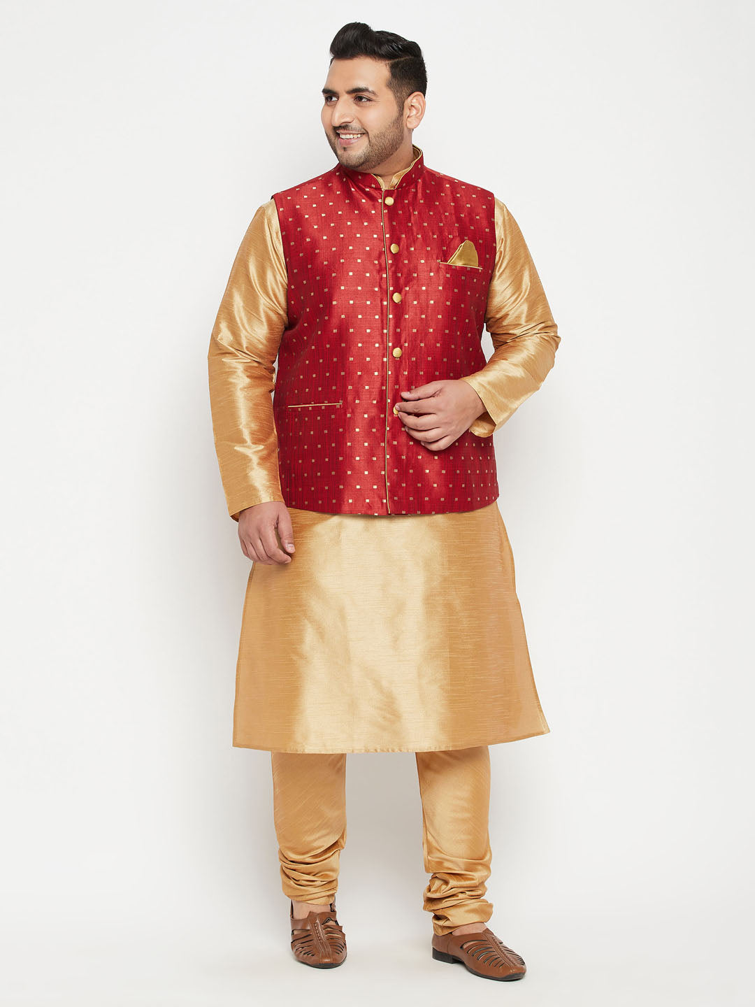 Men's Plus Size Maroon Zari Weaved Nehru Jacket With Kurta Pyjama Set