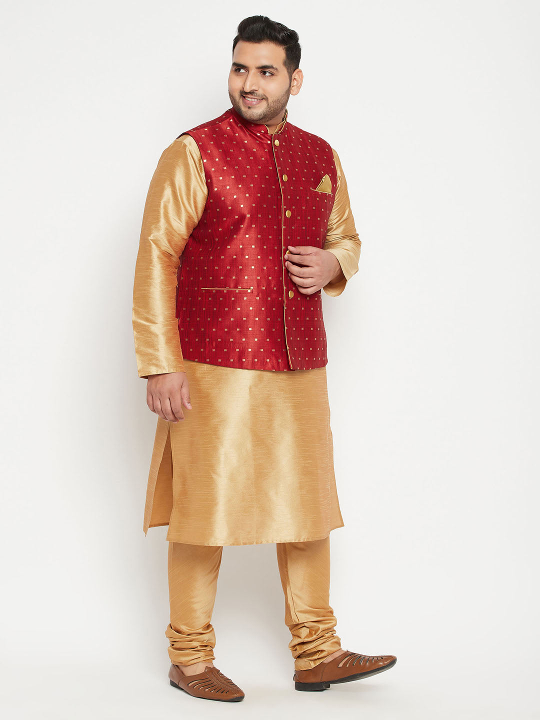 Men's Plus Size Maroon Zari Weaved Nehru Jacket With Kurta Pyjama Set