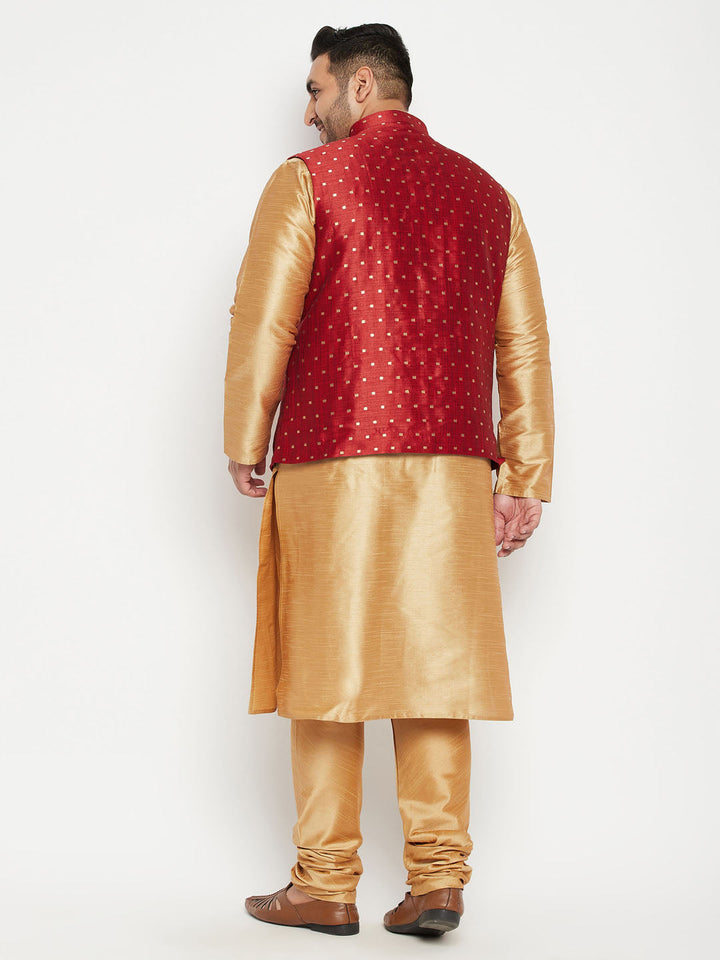 Men's Plus Size Maroon Zari Weaved Nehru Jacket With Kurta Pyjama Set