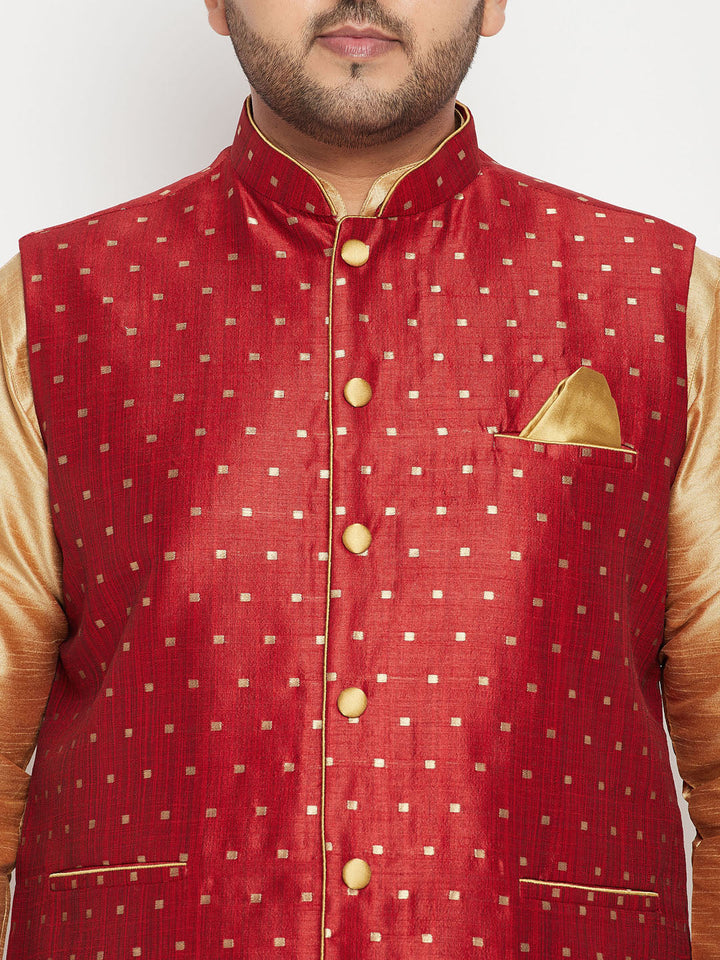 Men's Plus Size Maroon Zari Weaved Nehru Jacket With Kurta Pyjama Set