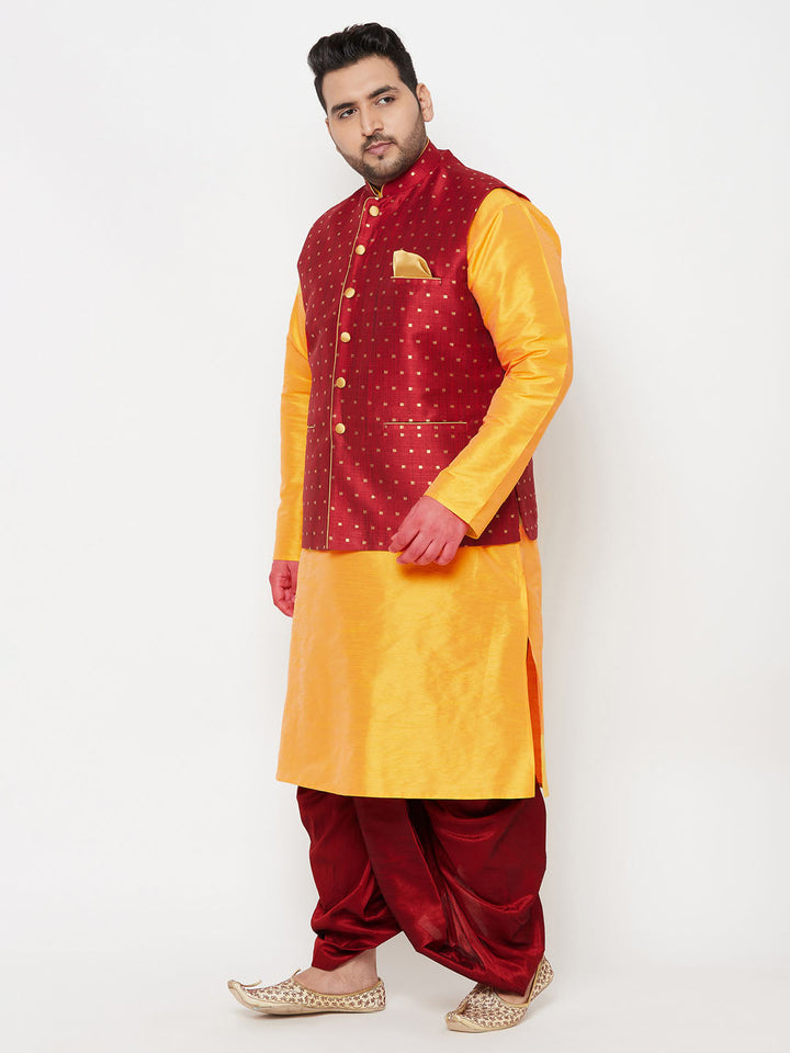 Plus Men's Maroon Zari Weaved Nehru Jacket With Kurta Dhoti Set