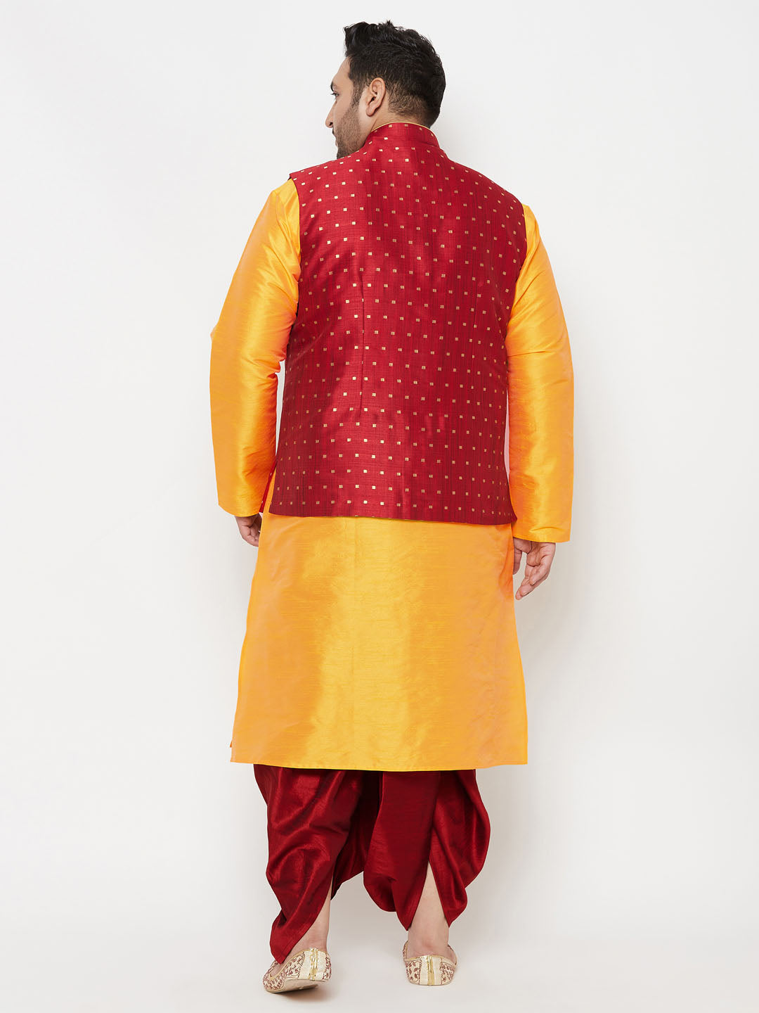 Plus Men's Maroon Zari Weaved Nehru Jacket With Kurta Dhoti Set