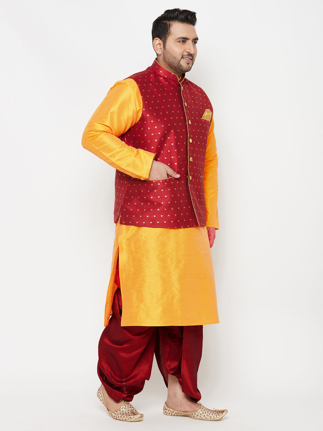 Plus Men's Maroon Zari Weaved Nehru Jacket With Kurta Dhoti Set