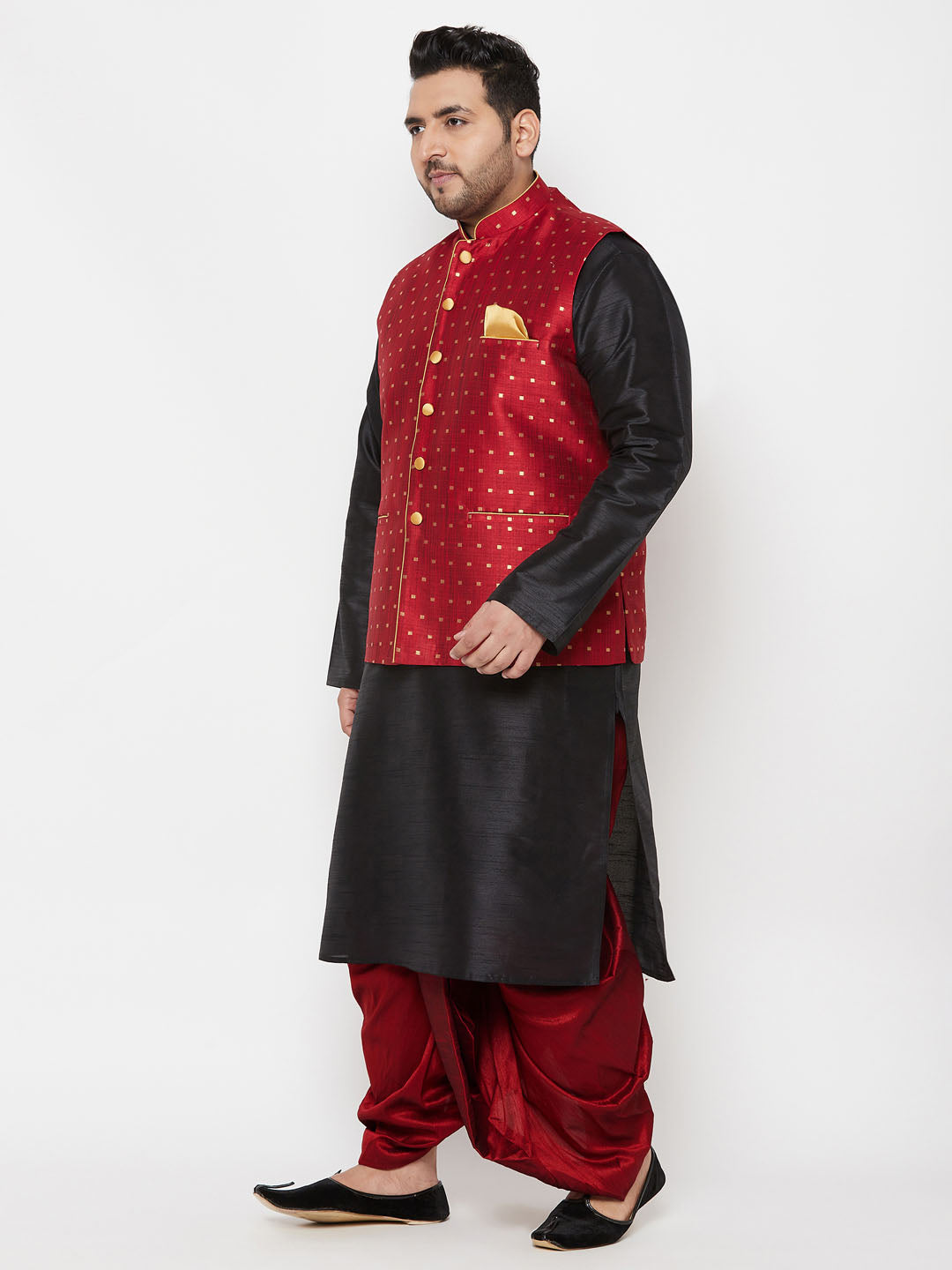 Plus Men's Maroon Zari Weaved Nehru Jacket With Kurta Dhoti Set