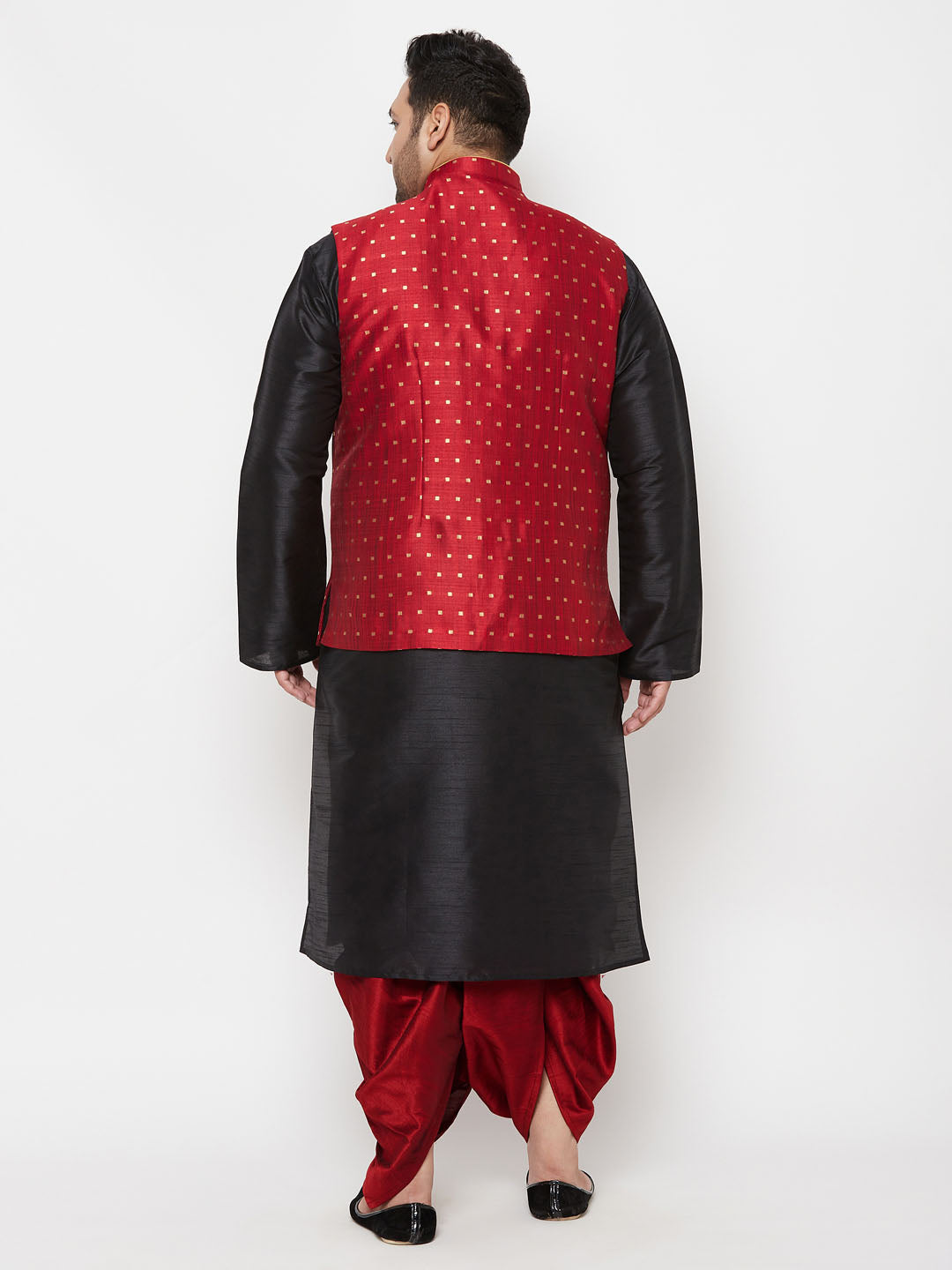 Plus Men's Maroon Zari Weaved Nehru Jacket With Kurta Dhoti Set