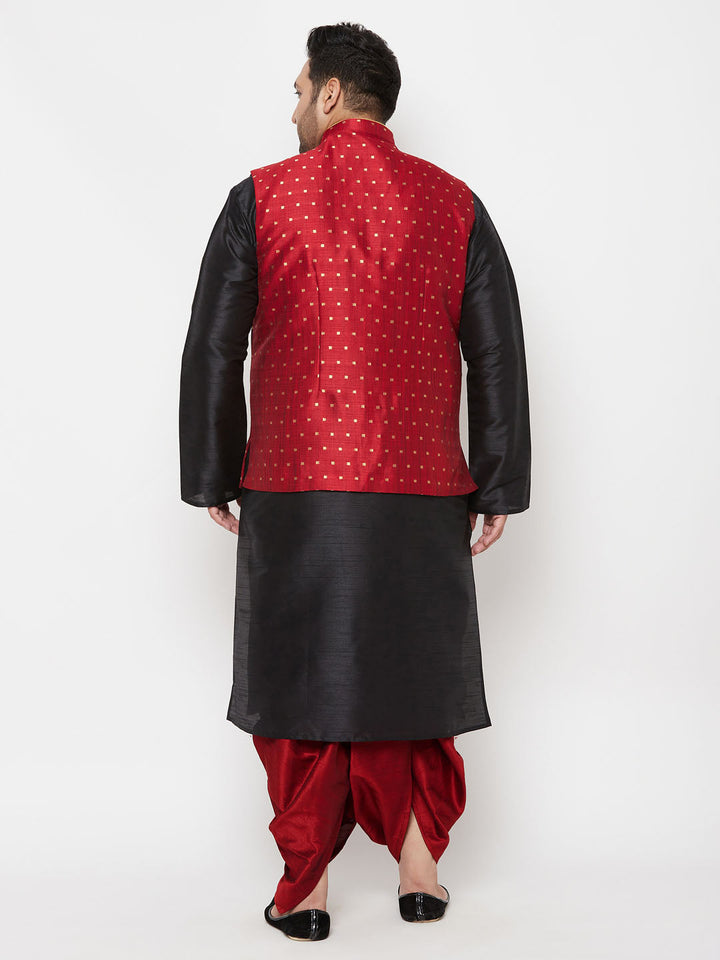 Plus Men's Maroon Zari Weaved Nehru Jacket With Kurta Dhoti Set