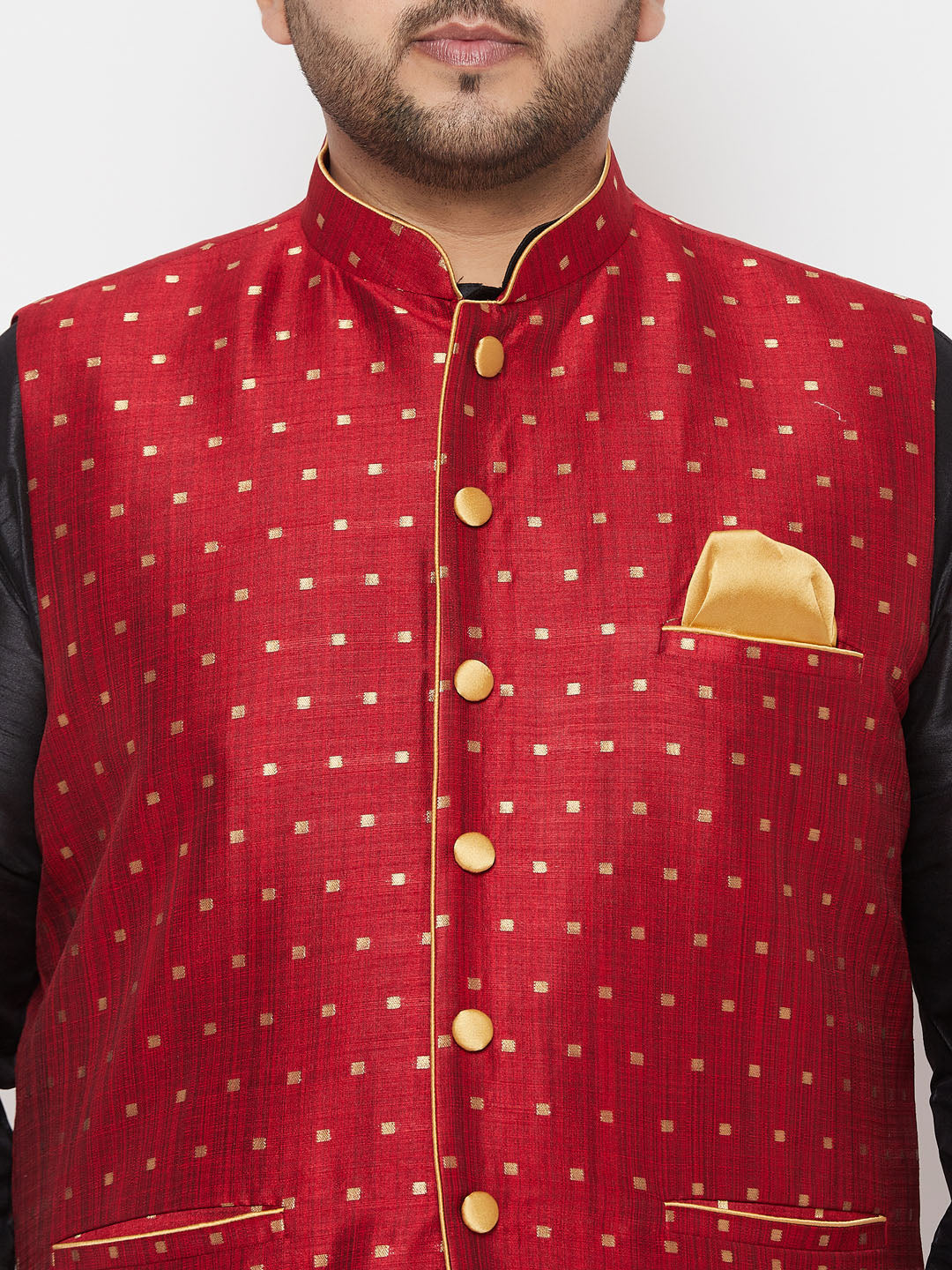 Plus Men's Maroon Zari Weaved Nehru Jacket With Kurta Dhoti Set