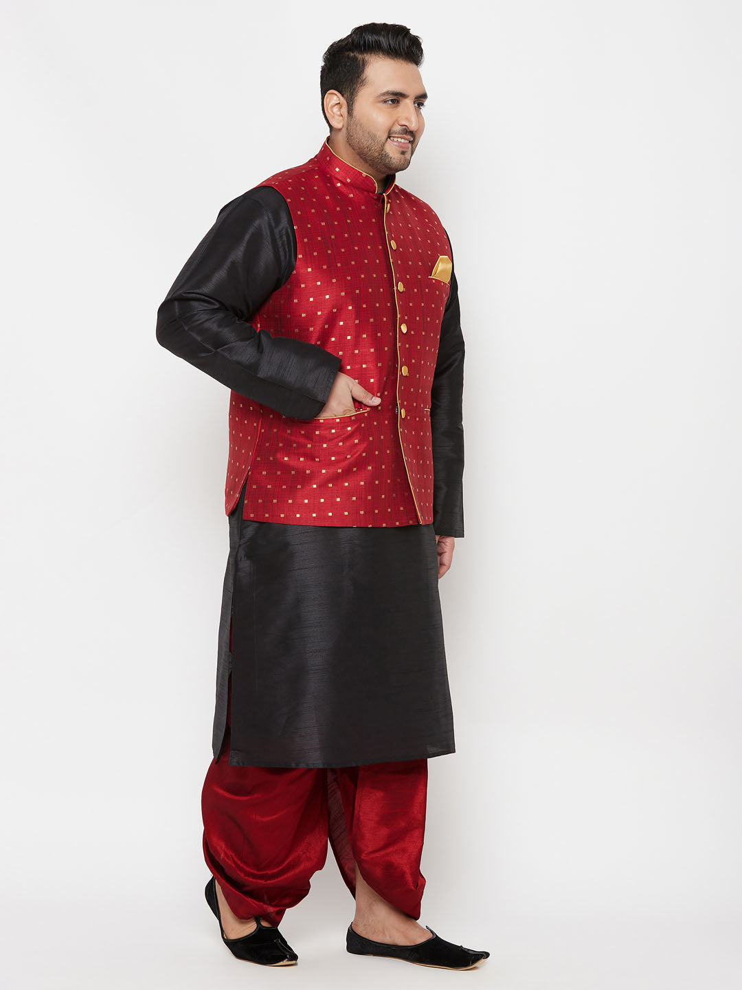 Plus Men's Maroon Zari Weaved Nehru Jacket With Kurta Dhoti Set