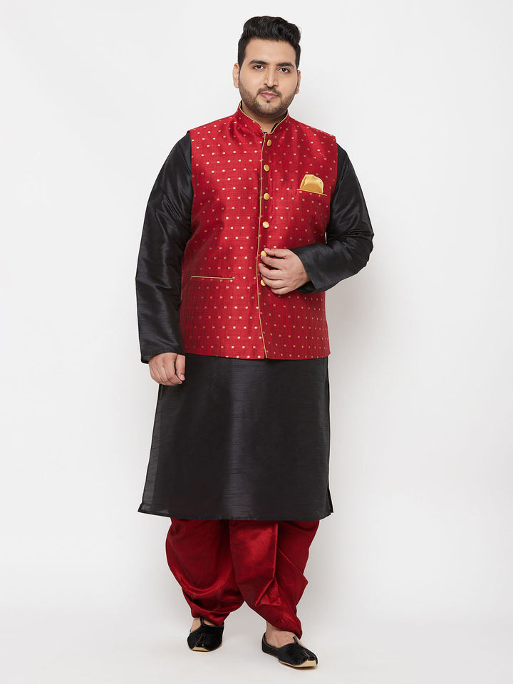 Plus Men's Maroon Zari Weaved Nehru Jacket With Kurta Dhoti Set