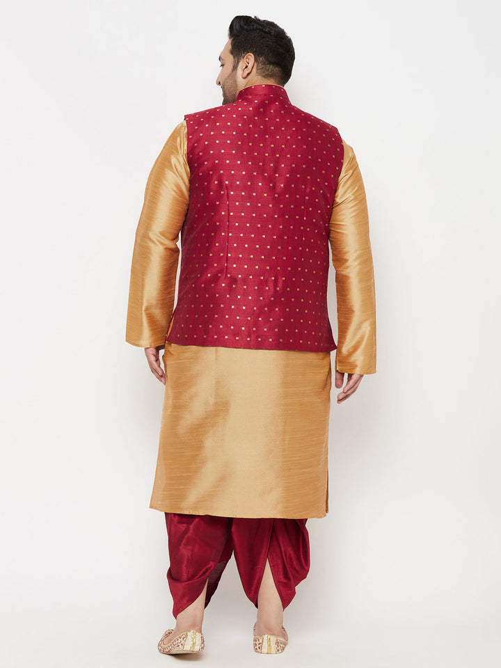 Plus Men's Maroon Zari Weaved Nehru Jacket With Kurta Dhoti Set