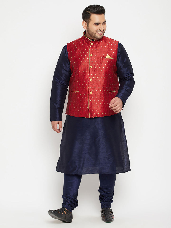 Men's Plus Size Maroon Zari Weaved Nehru Jacket With Kurta Pyjama Set