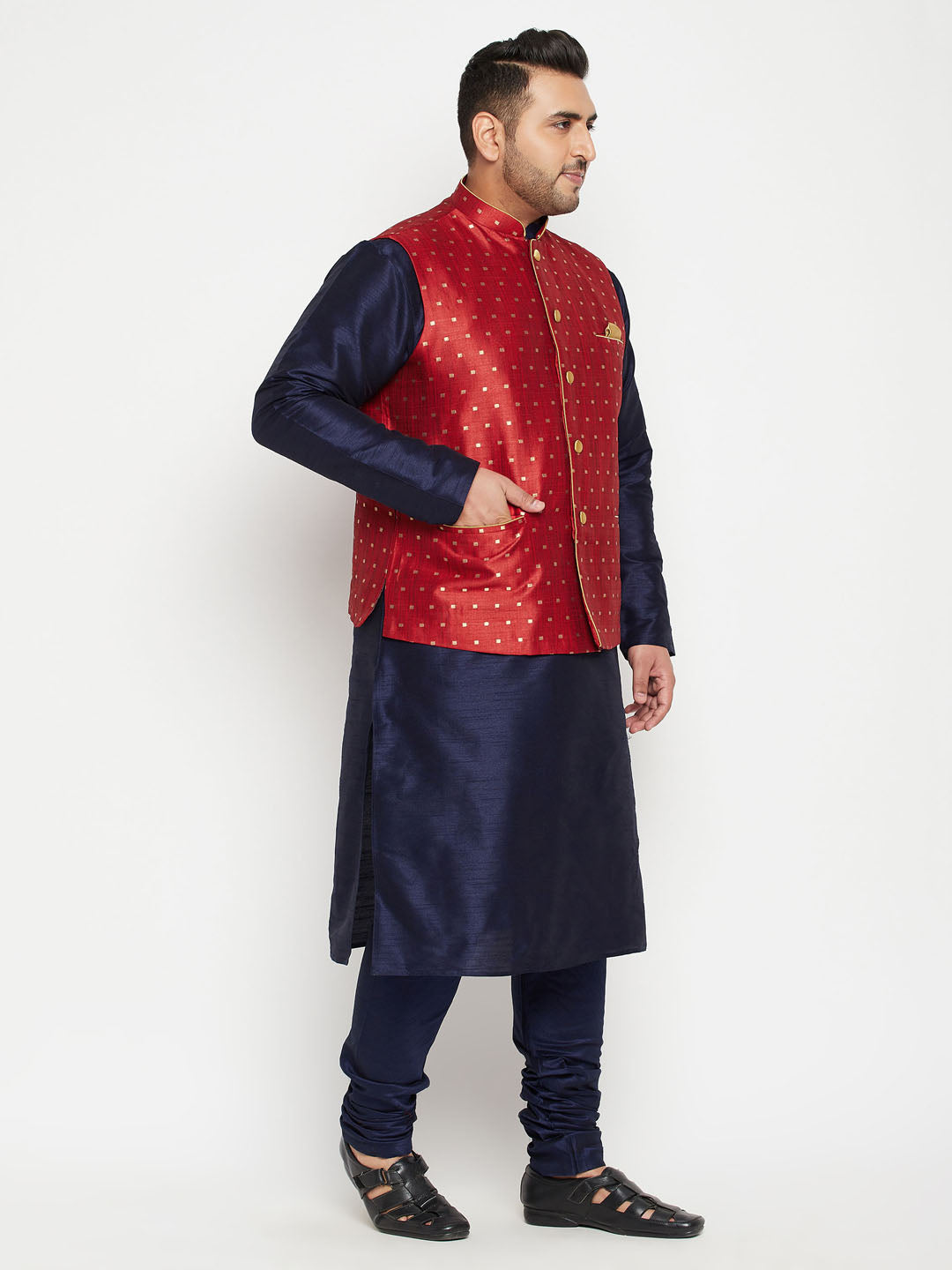 Men's Plus Size Maroon Zari Weaved Nehru Jacket With Kurta Pyjama Set