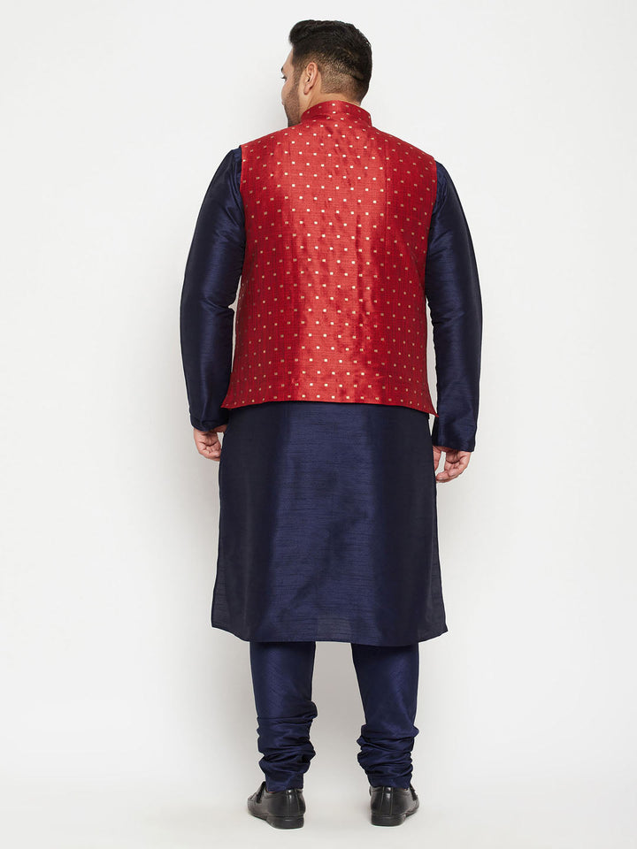 Men's Plus Size Maroon Zari Weaved Nehru Jacket With Kurta Pyjama Set