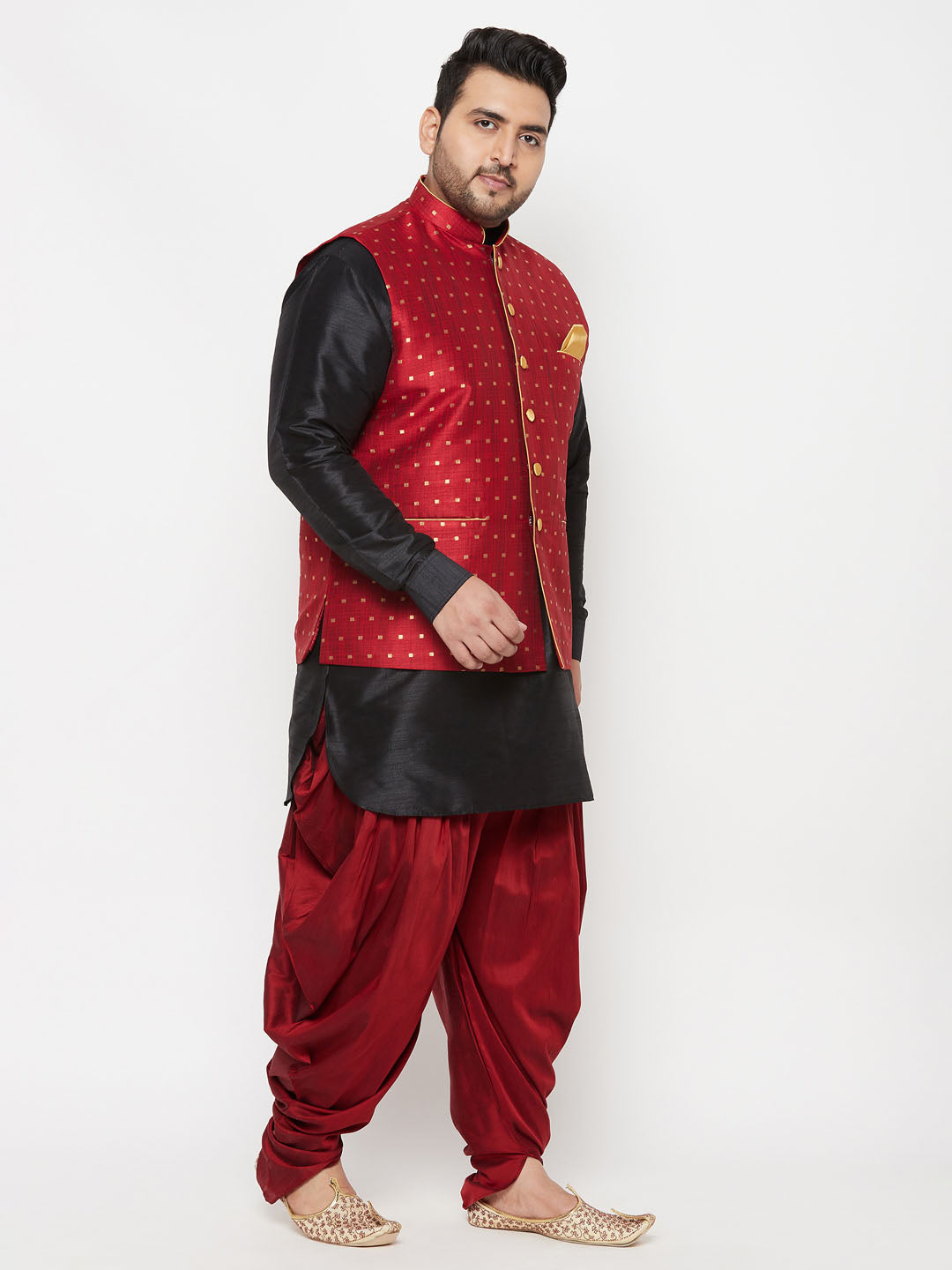 Men's Plus Size Gold Zari Weaved Nehru Jacket With Curved Kurta Dhoti Set