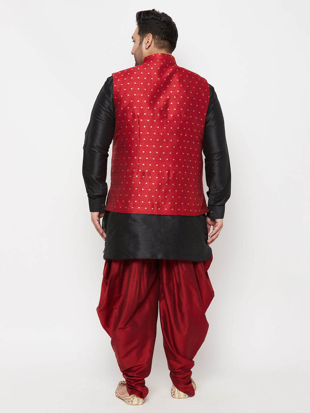 Men's Plus Size Gold Zari Weaved Nehru Jacket With Curved Kurta Dhoti Set