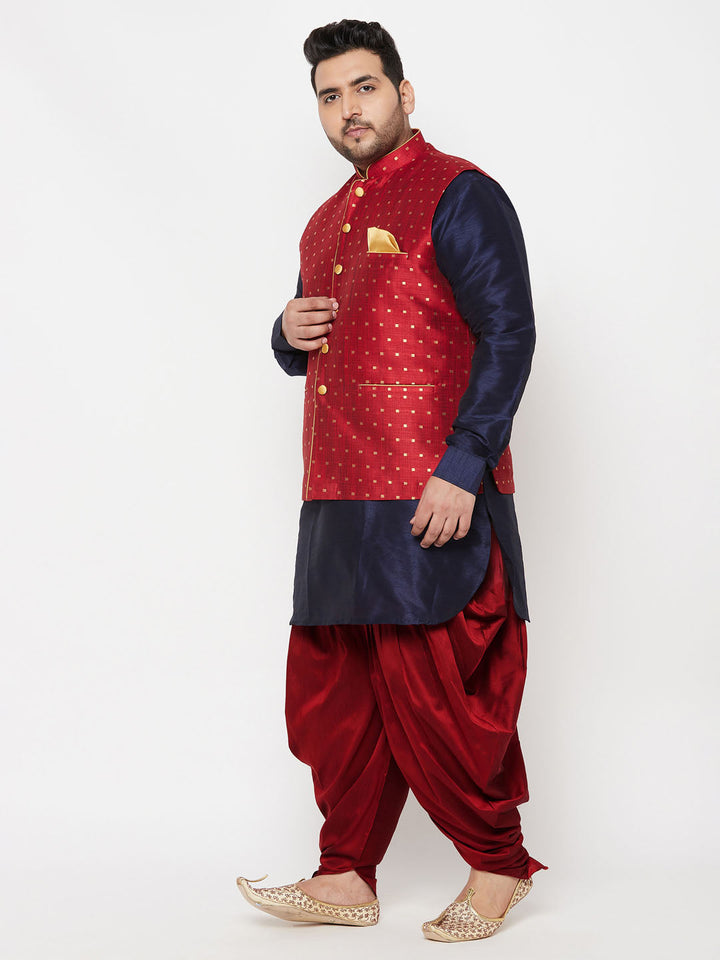 Men's Plus Size Gold Zari Weaved Nehru Jacket With Curved Kurta Dhoti Set
