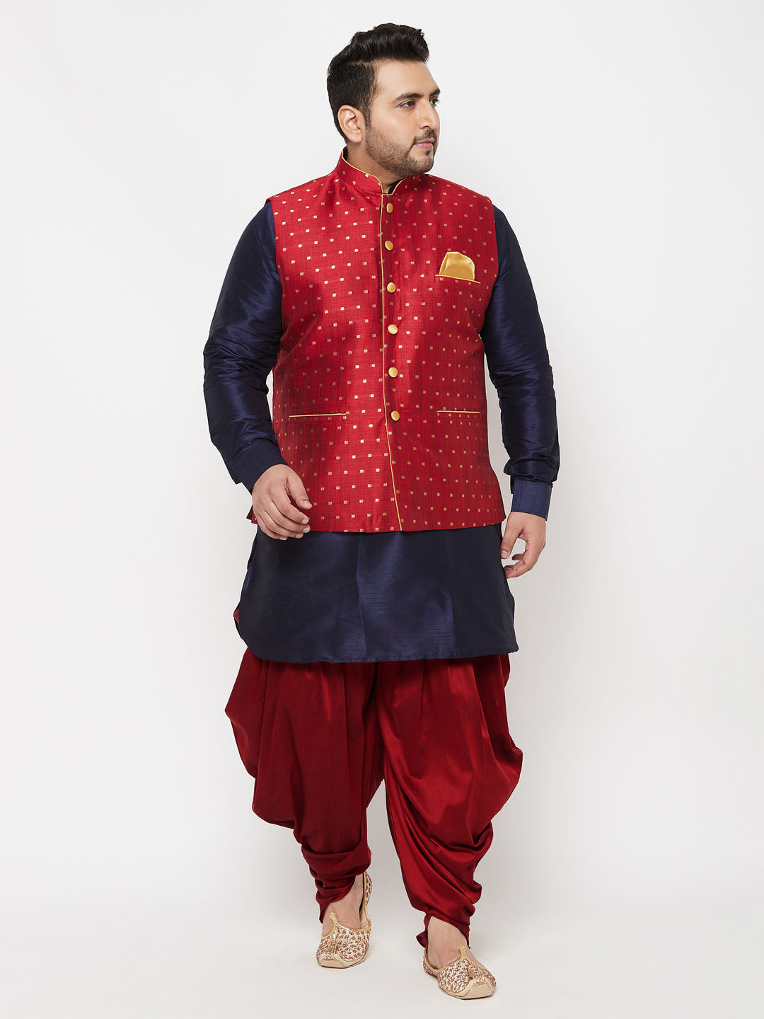 Men's Plus Size Gold Zari Weaved Nehru Jacket With Curved Kurta Dhoti Set