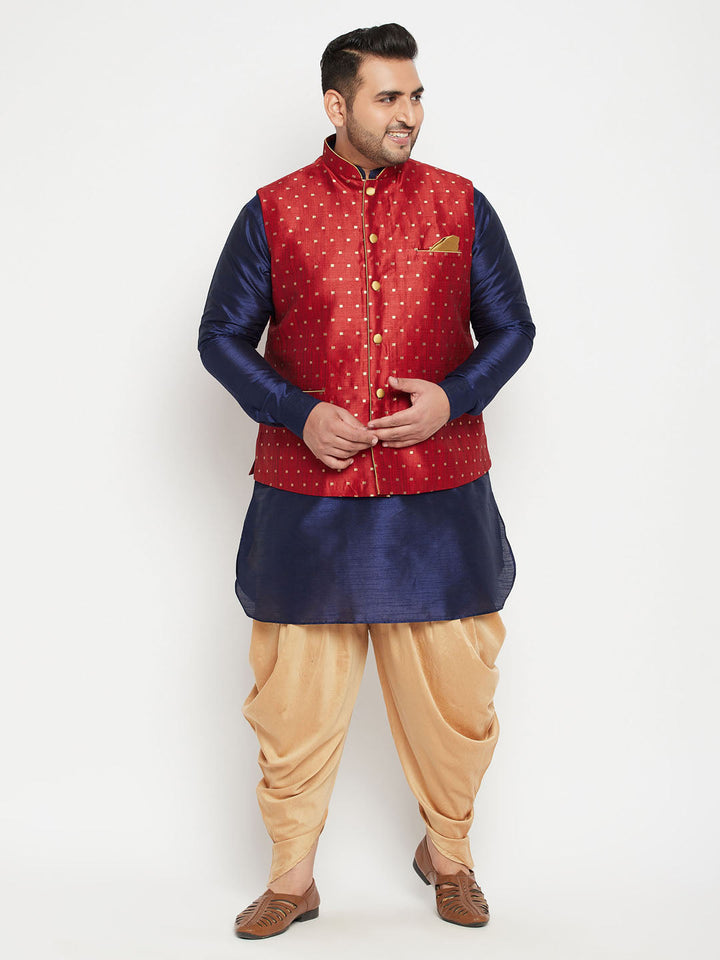 Men's Plus Size Maroon Zari Weaved Nehru Jacket With Curved Kurta Dhoti Set