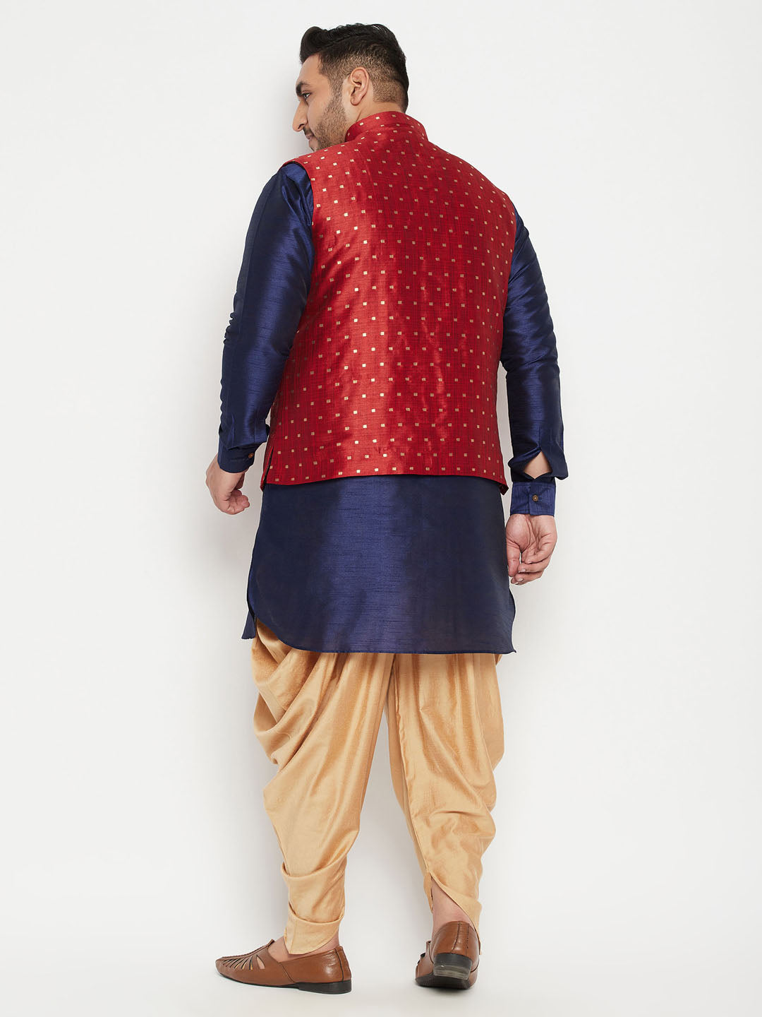 Men's Plus Size Maroon Zari Weaved Nehru Jacket With Curved Kurta Dhoti Set