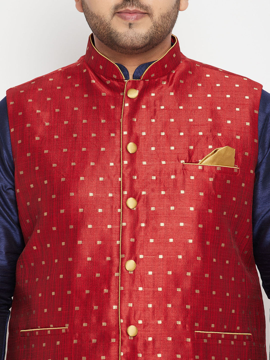 Men's Plus Size Maroon Zari Weaved Nehru Jacket With Curved Kurta Dhoti Set