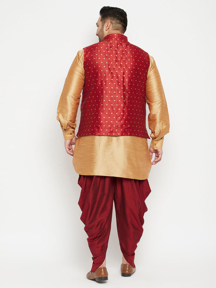 Men's Plus Size Rose Gold Zari Weaved Nehru Jacket With Curved Kurta Dhoti Set