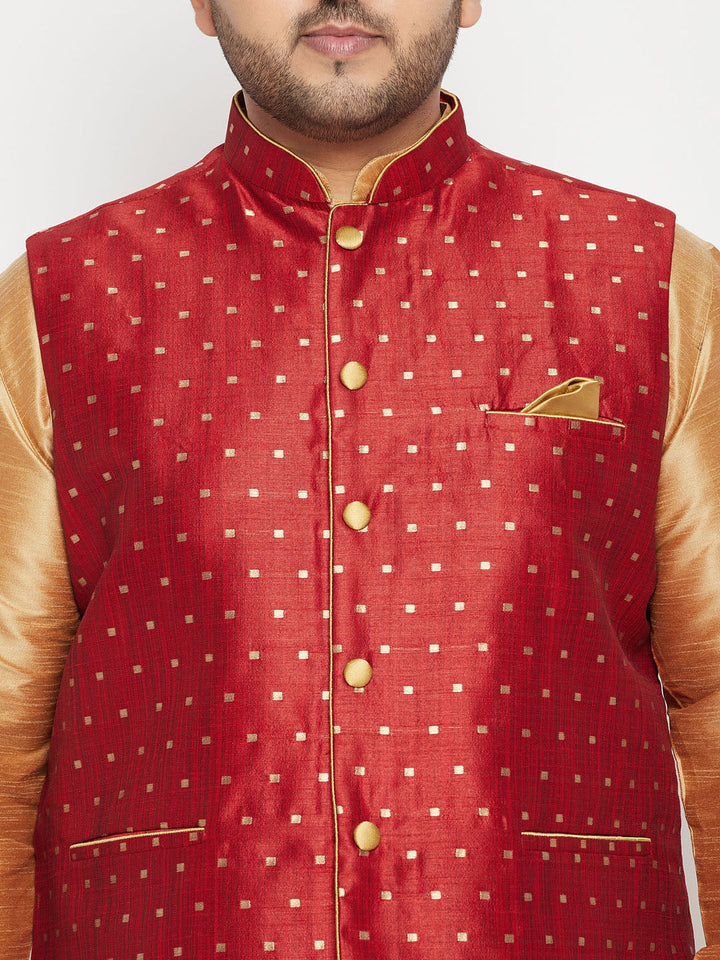 Men's Plus Size Rose Gold Zari Weaved Nehru Jacket With Curved Kurta Dhoti Set