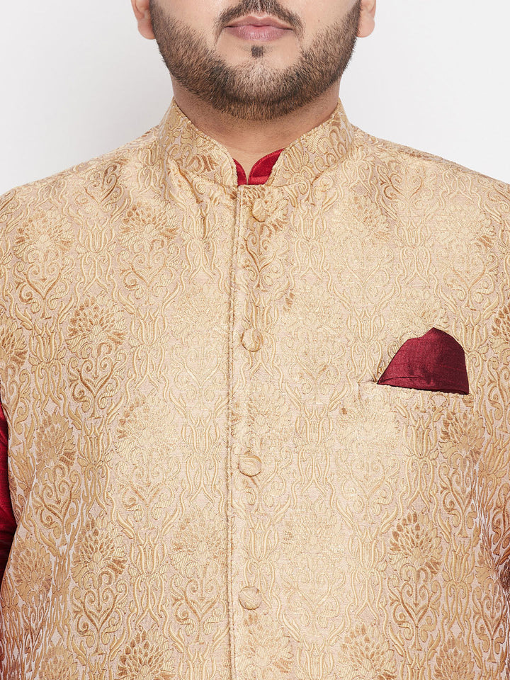 Men's Plus Size Rose Gold Brocade Silk Blend Jacket And Maroon Kurta With Pleated Dhoti Set