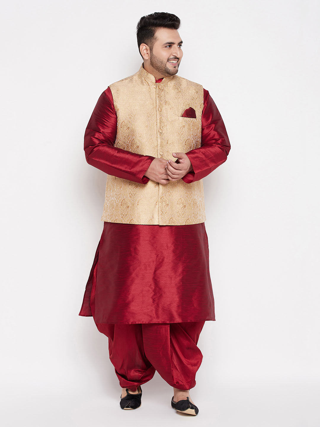 Men's Plus Size Rose Gold Brocade Silk Blend Jacket And Maroon Kurta With Pleated Dhoti Set