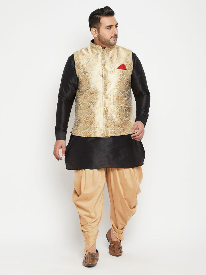 Men's Plus Size Rose Gold And Black Silk Blend Jacket Kurta Dhoti Pant Set