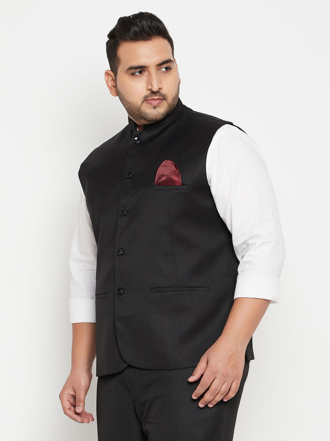 Vastramy Men's Plus Size Black Cotton Blend Nehru Jacket