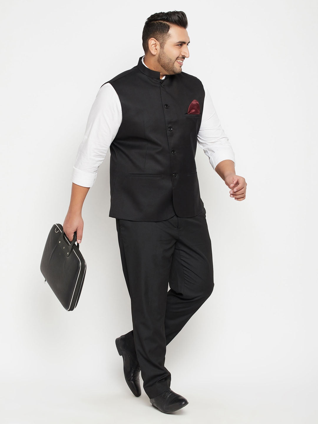 Vastramy Men's Plus Size Black Cotton Blend Nehru Jacket