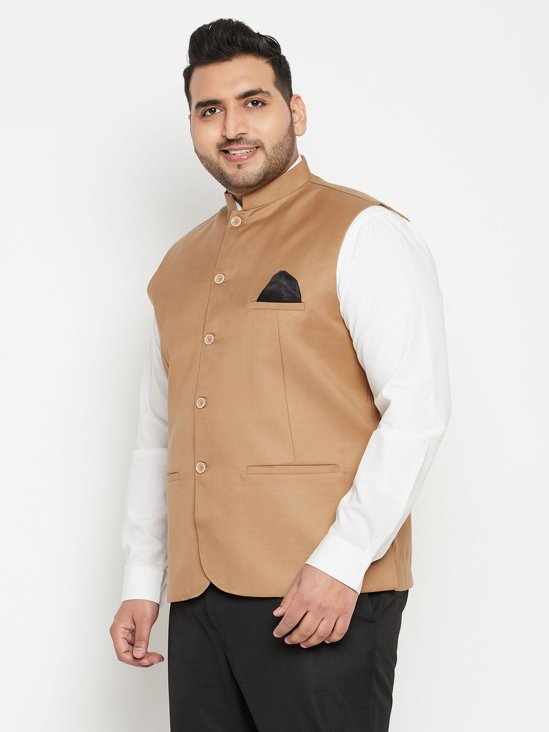 Men's Plus Size Chiku Brown Cotton Blend Nehru Jacket