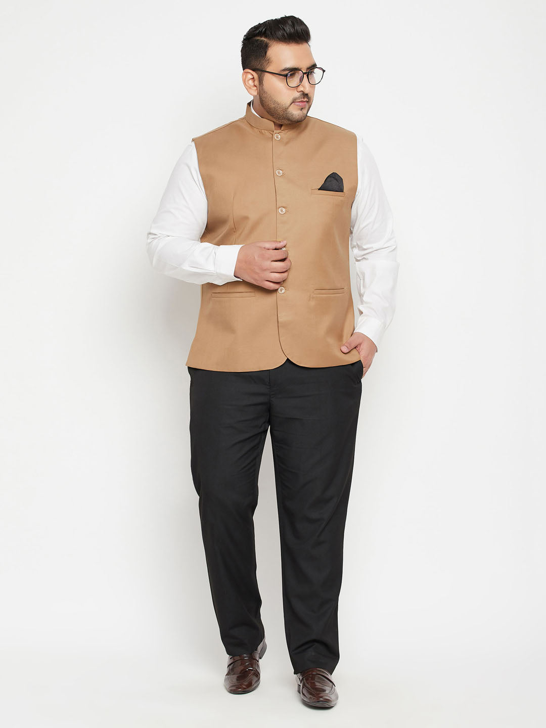 Men's Plus Size Chiku Brown Cotton Blend Nehru Jacket