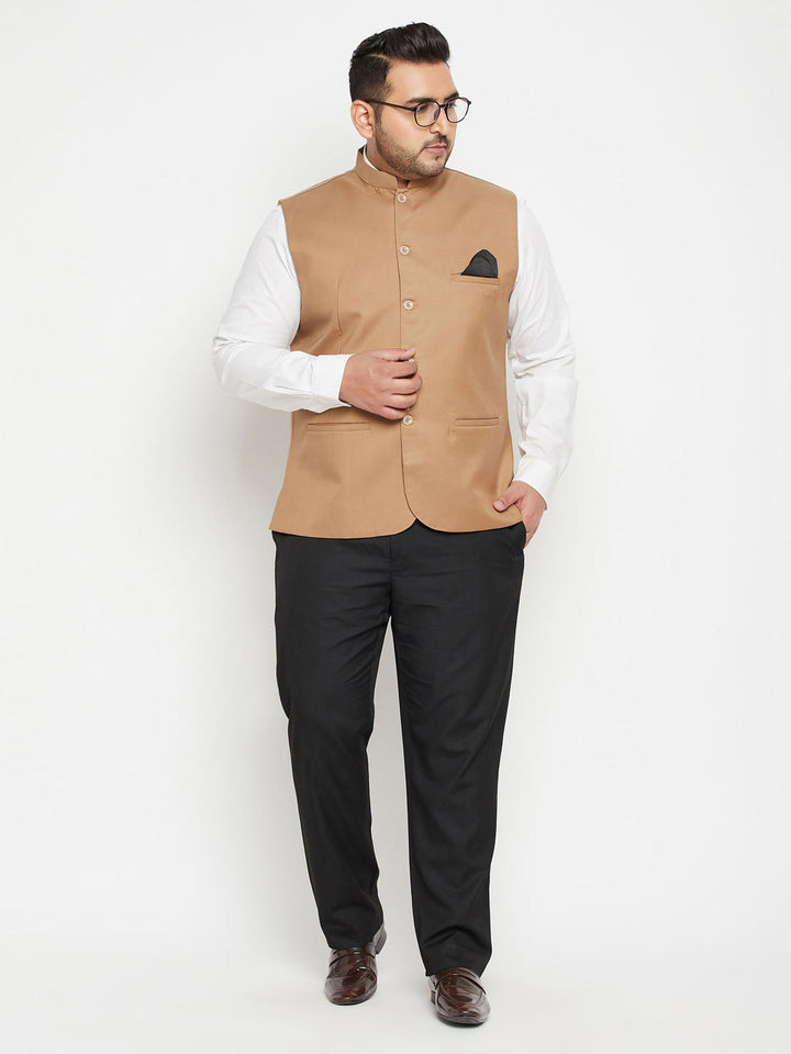 Men's Plus Size Chiku Brown Cotton Blend Nehru Jacket